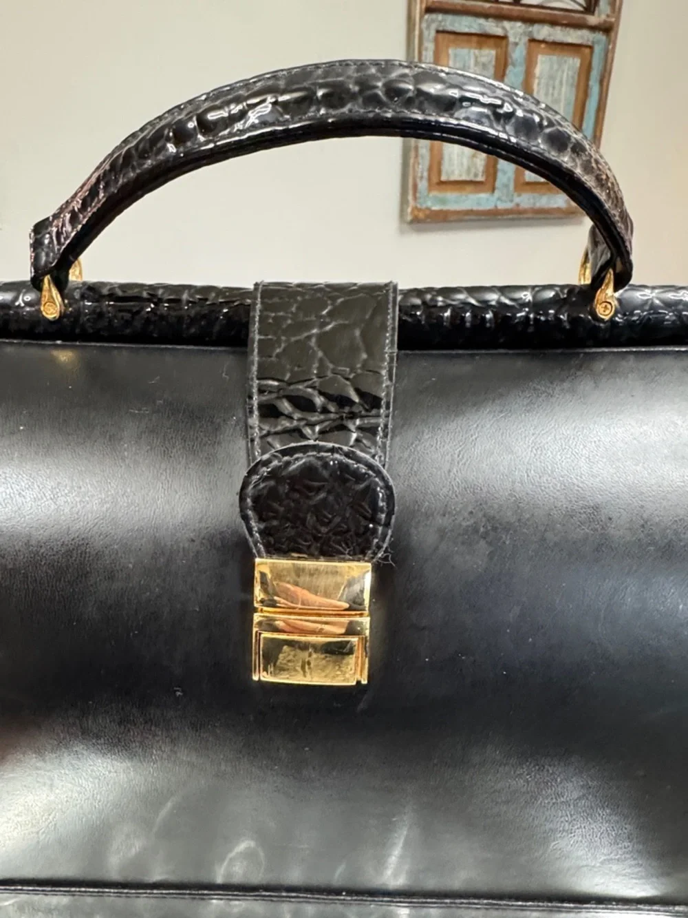 Black Structured Top-Handle Cosmetic Case with Gold Lock